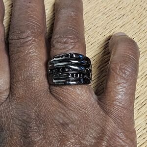 Gunmetal Black and Black Rhinestones Wide Band Ring, Size 7.5